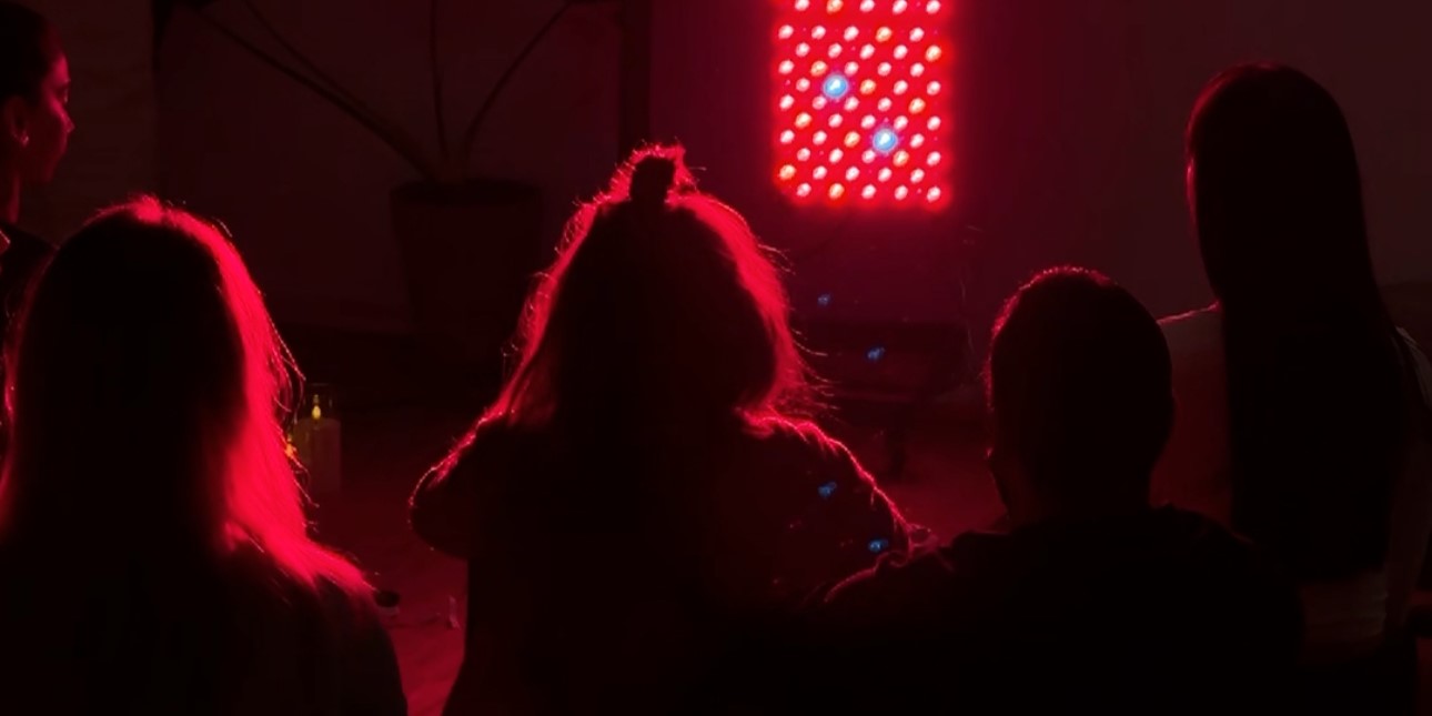 5 Frauen die vor einem Redlight Panel sitzen, dass rot leuchtet