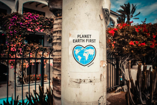 Pfosten mit Plakat "Planet Earth First" und einem Globus in herzform. Im Hintergrund ein garten mit Blumen und Kakteen.