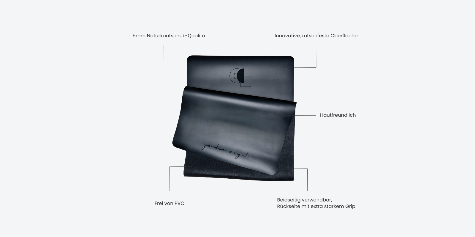 Freisteller von der DTWW Yogamatte mit Gedankenstrichen über die Vorteile der Matte: 5mm Naturkautschuk-Qualität, Innovative rutschfeste Oberfläche, hautfreundlich, beidseitig verwendbar, Rückseite mit extra starkem Grip, Frei von PVC