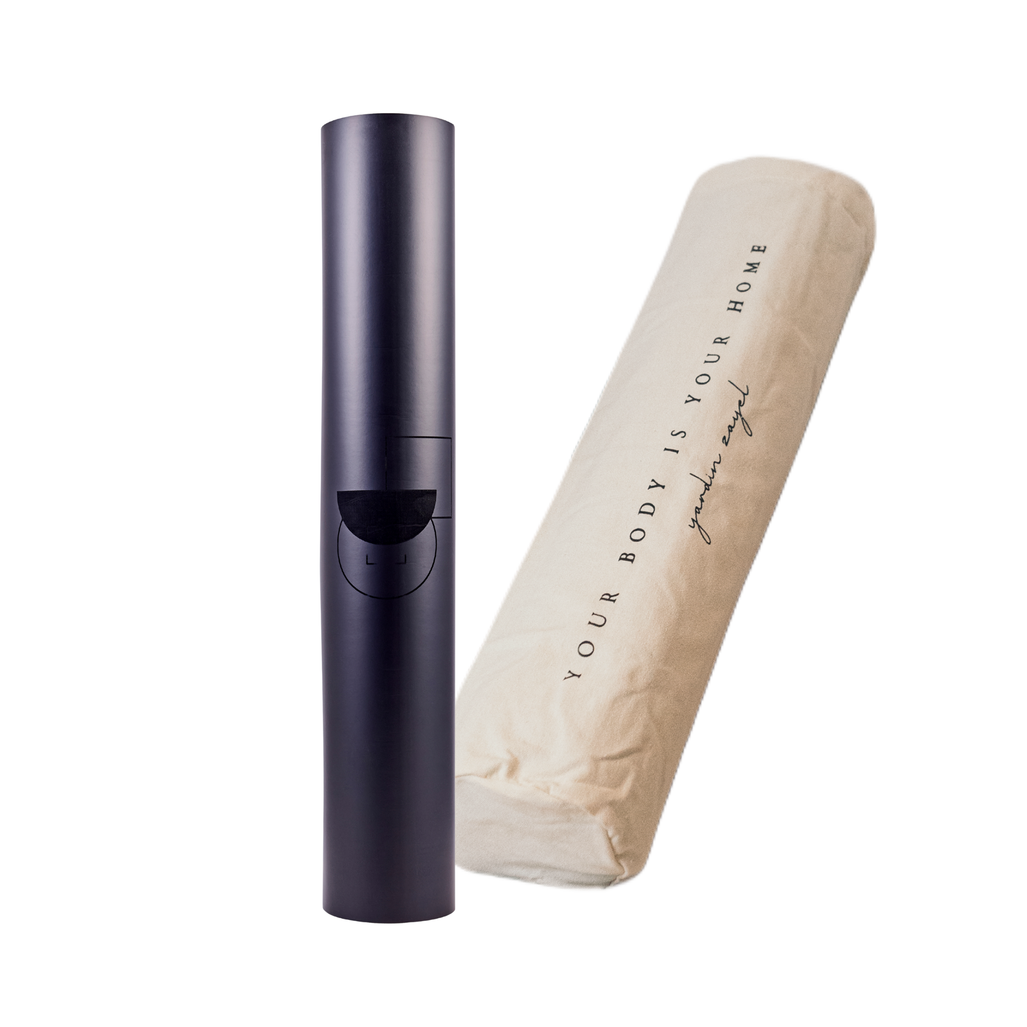 Aufgerollte yardin zayel DTWW Yogamatte aus Naturkautschuk für Movement und dazugehörige Baumwolltasche mit Aufschrift "your body is your home"