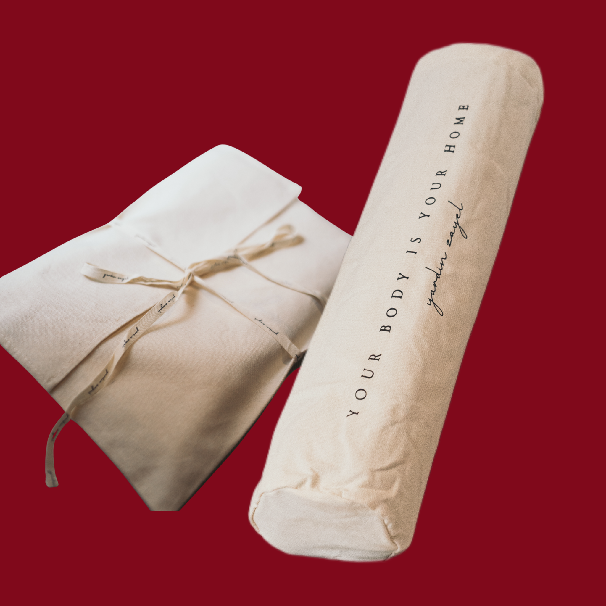 yardinzayel DTWW Yogamatte aus Kautschuk in Baumwolltasche mit Schriftzug "your body is your home" und Canvas Tasche Flowtote in Baumwolltasche. Ästhetisch verpackt